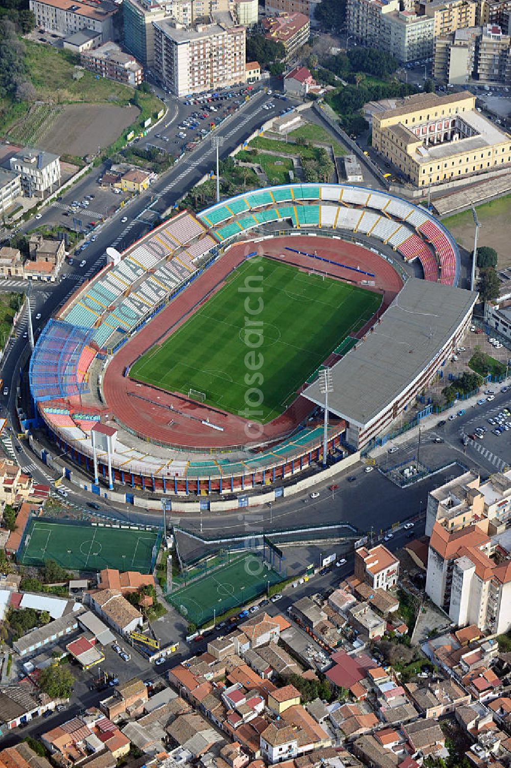 Catania from the bird's eye view: Stadio Angelo Massimino (previously known as Stadio Cibali) is a multi-use stadium in Catania, Italy. It is currently used mostly for football matches and the home of Calcio Catania. The stadium was built in 1937 and holds 23,420. It was named on 2002 after former Catania chairman Angelo Massimino