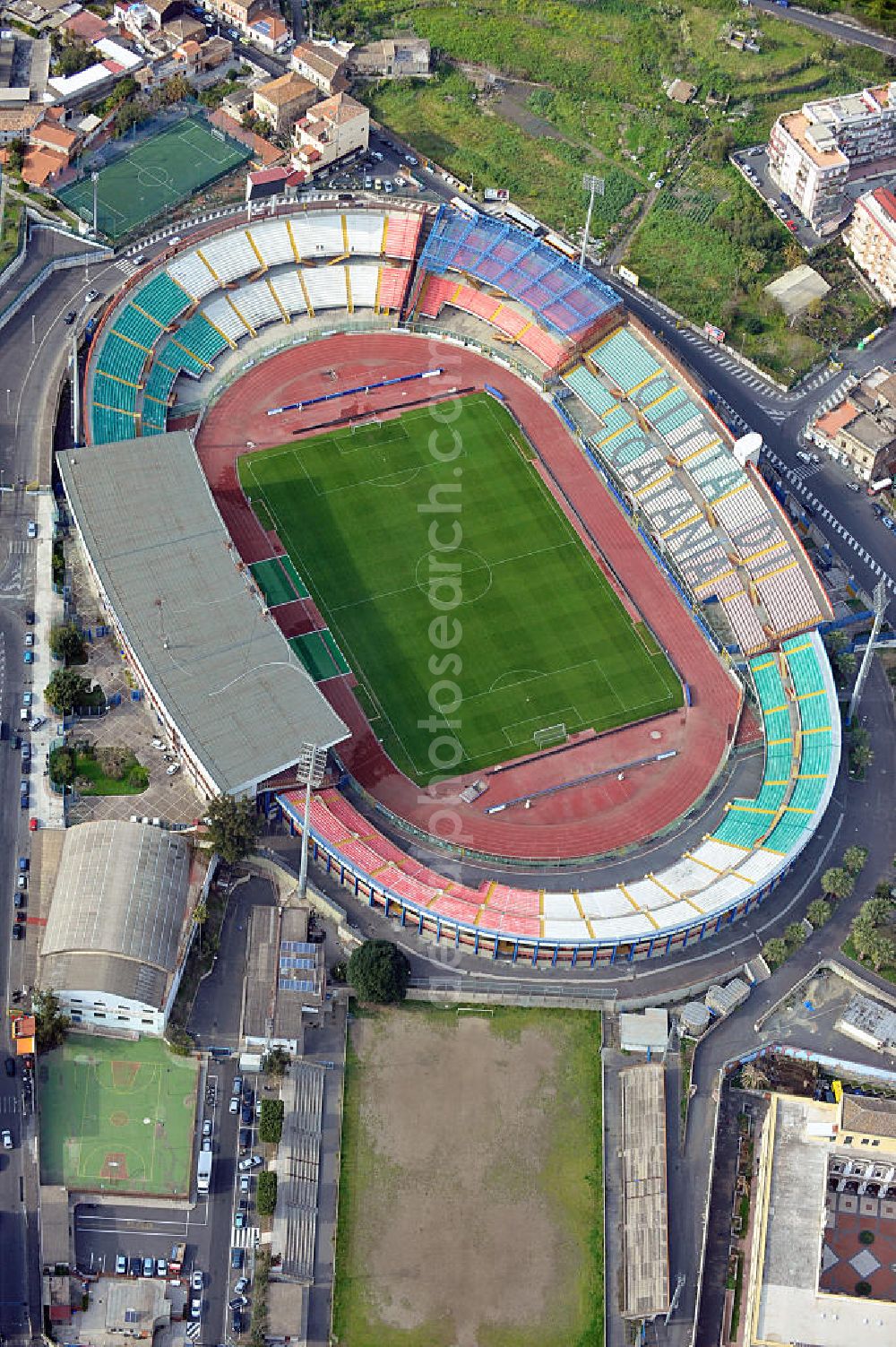 Aerial image Catania - Stadio Angelo Massimino (previously known as Stadio Cibali) is a multi-use stadium in Catania, Italy. It is currently used mostly for football matches and the home of Calcio Catania. The stadium was built in 1937 and holds 23,420. It was named on 2002 after former Catania chairman Angelo Massimino