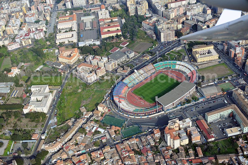 Aerial photograph Catania - Stadio Angelo Massimino (previously known as Stadio Cibali) is a multi-use stadium in Catania, Italy. It is currently used mostly for football matches and the home of Calcio Catania. The stadium was built in 1937 and holds 23,420. It was named on 2002 after former Catania chairman Angelo Massimino