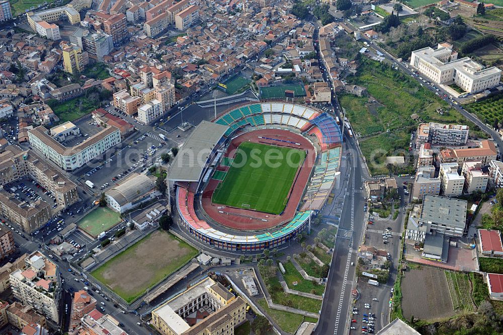 Aerial photograph Catania - Stadio Angelo Massimino (previously known as Stadio Cibali) is a multi-use stadium in Catania, Italy. It is currently used mostly for football matches and the home of Calcio Catania. The stadium was built in 1937 and holds 23,420. It was named on 2002 after former Catania chairman Angelo Massimino