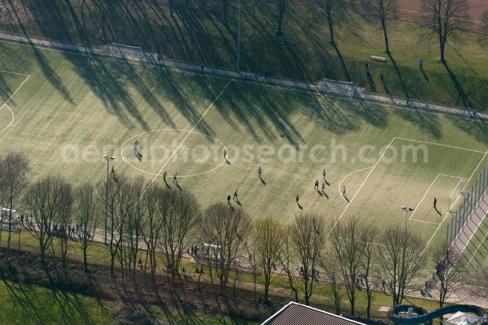 Aerial photograph Duisburg - View of a football ground in Duisburg in the state North Rhine-Westphalia