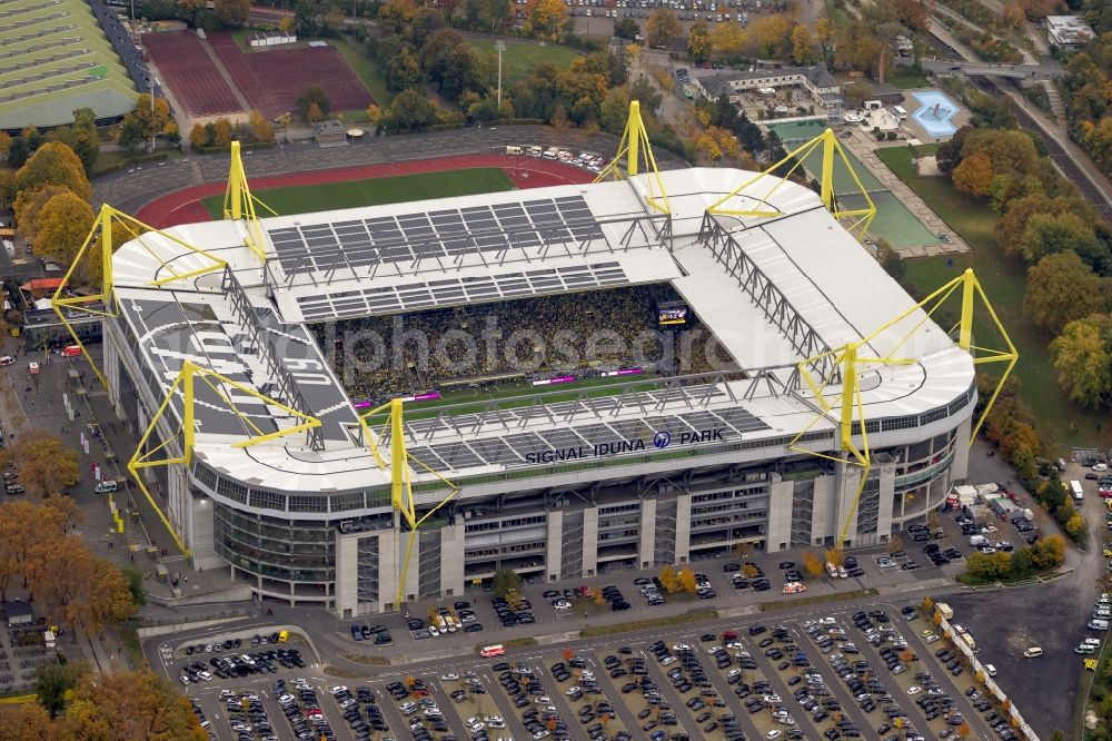 Aerial image Dortmund - BVB football match Schalke in the Borusseum, the Signal Iduna Park stadium in Dortmund