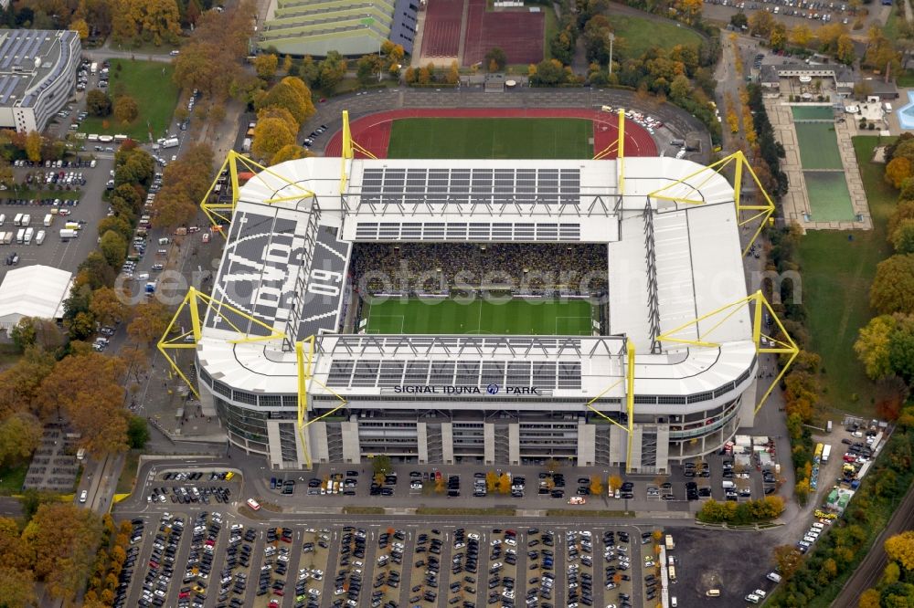 Aerial photograph Dortmund - BVB football match Schalke in the Borusseum, the Signal Iduna Park stadium in Dortmund