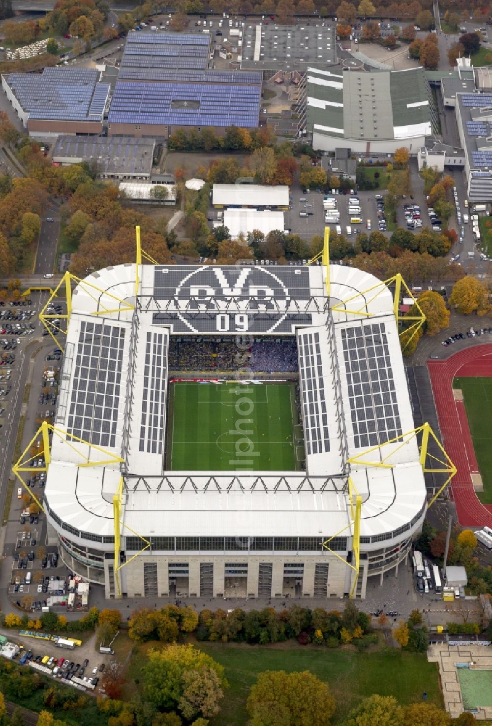 Dortmund from above - BVB football match Schalke in the Borusseum, the Signal Iduna Park stadium in Dortmund