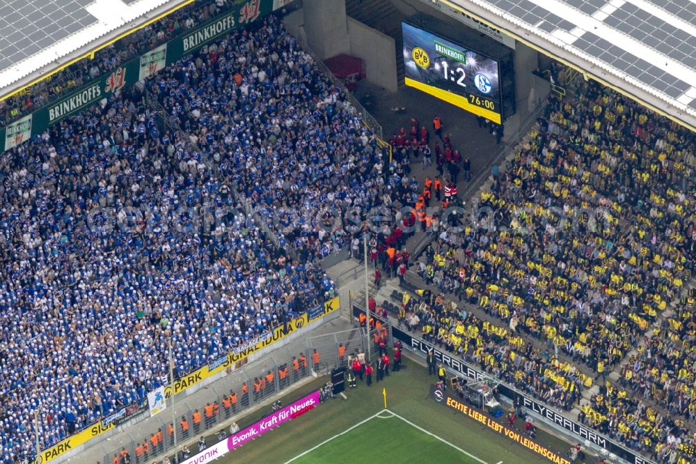 Aerial photograph Dortmund - BVB football match Schalke in the Borusseum, the Signal Iduna Park stadium in Dortmund