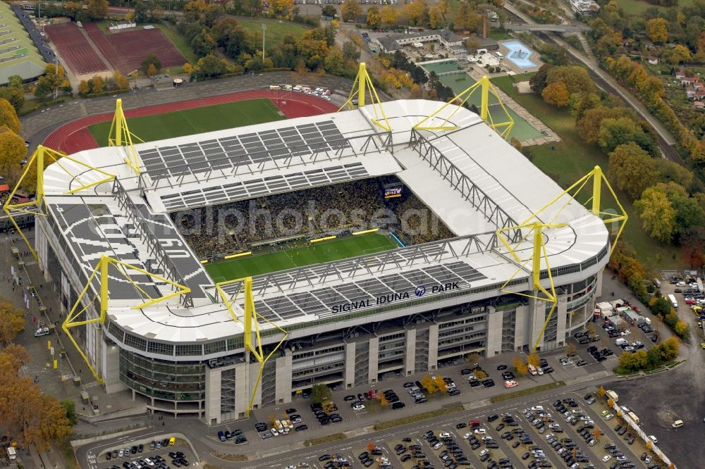 Dortmund from above - BVB football match Schalke in the Borusseum, the Signal Iduna Park stadium in Dortmund