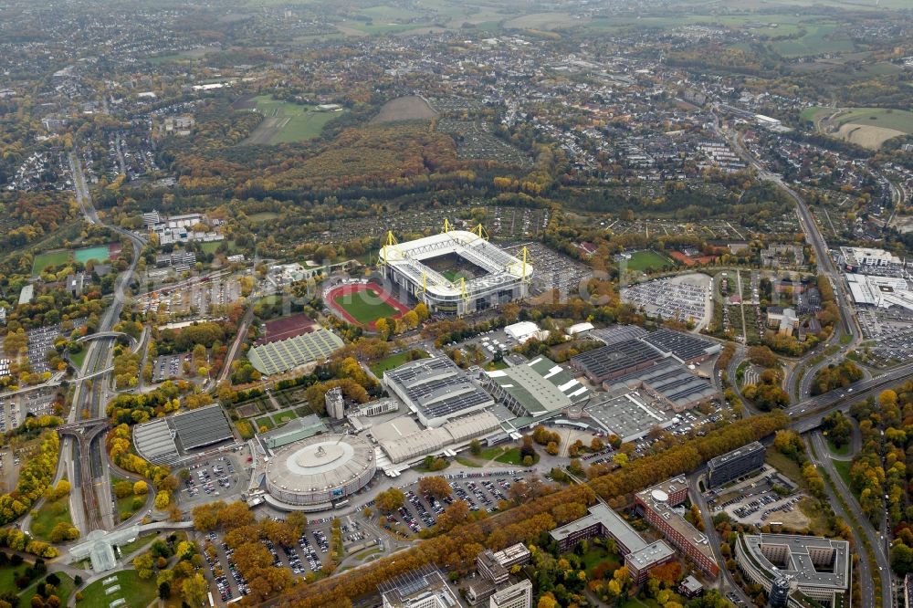 Dortmund from the bird's eye view: BVB football match Schalke in the Borusseum, the Signal Iduna Park stadium in Dortmund