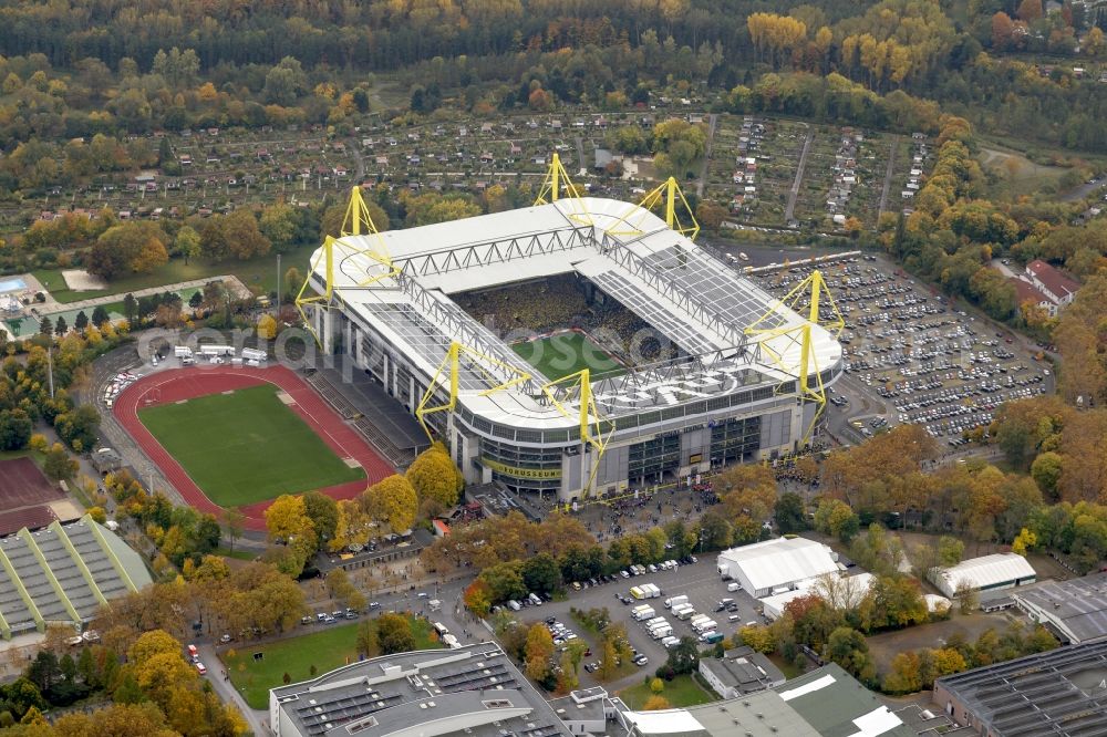 Aerial image Dortmund - BVB football match Schalke in the Borusseum, the Signal Iduna Park stadium in Dortmund