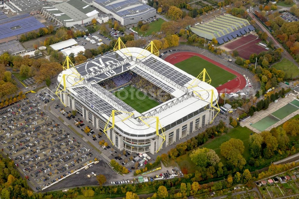 Aerial photograph Dortmund - BVB football match Schalke in the Borusseum, the Signal Iduna Park stadium in Dortmund