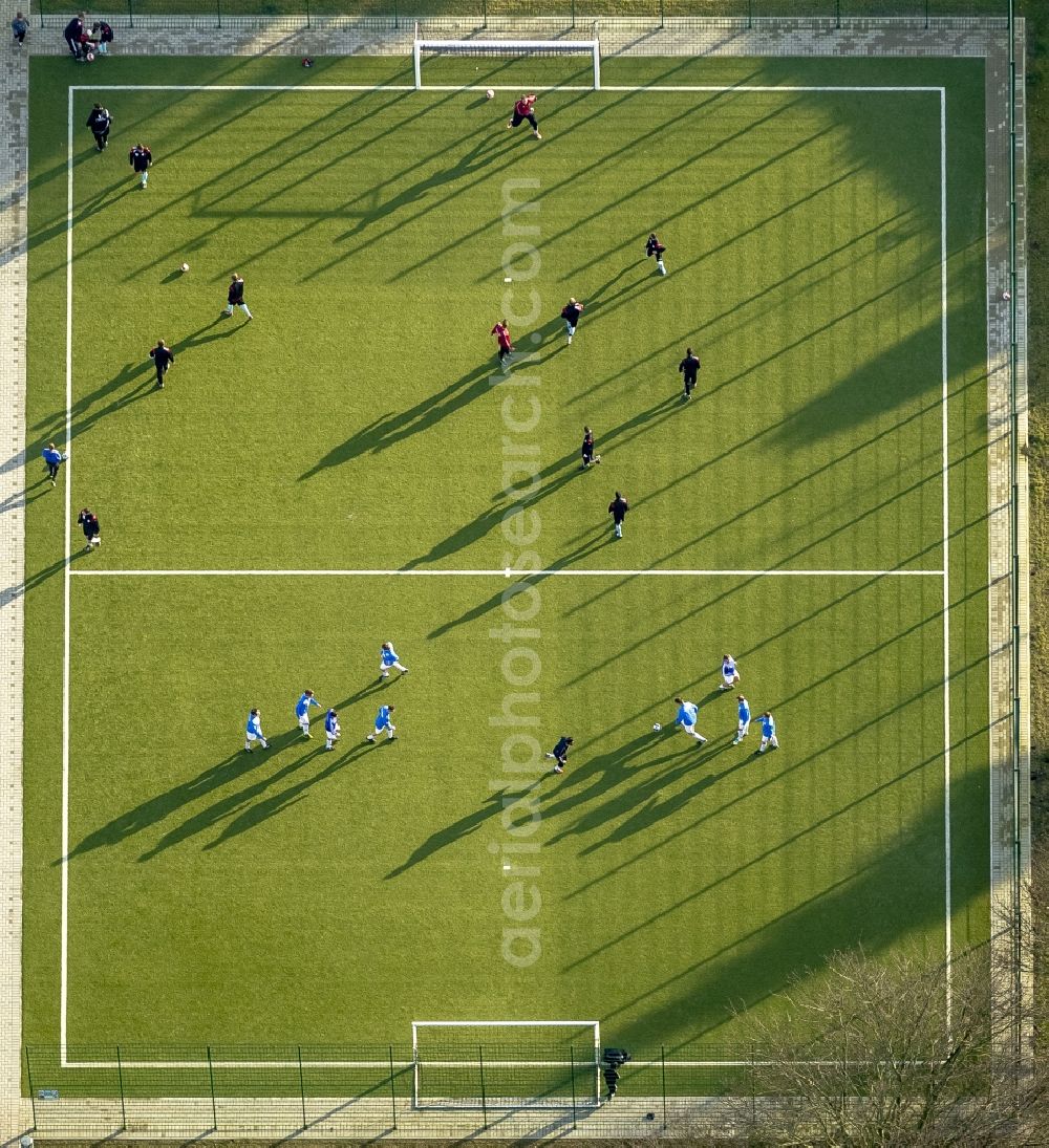 Aerial image Dortmund - View of a Football game on a football field - artificial pitch in Dortmund in North Rhine-Westphalia