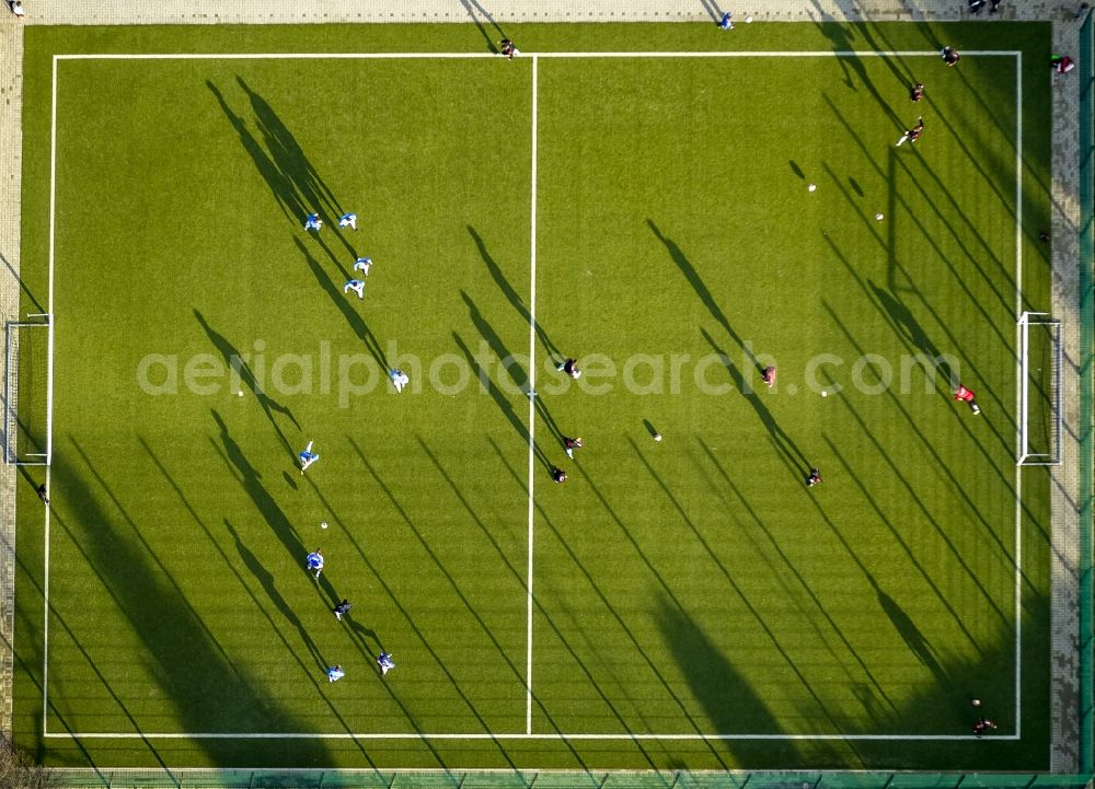 Dortmund from above - View of a Football game on a football field - artificial pitch in Dortmund in North Rhine-Westphalia