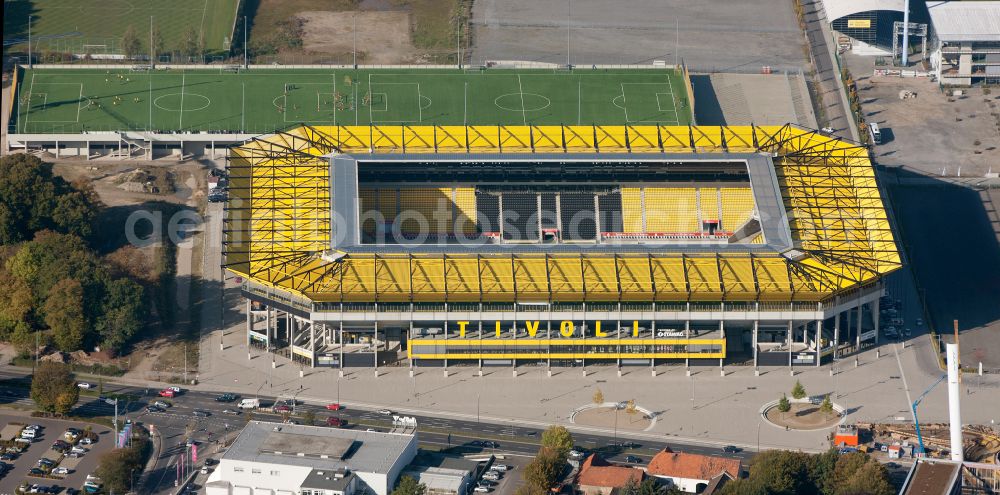 Aerial photograph Aachen - Football stadium tivoli of the football club TSV Alemannia Aachen GmbH on the Am Sportpark Soers in Aachen in the state North Rhine-Westphalia, Germany