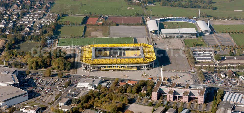 Aachen from above - Football stadium tivoli of the football club TSV Alemannia Aachen GmbH on the Am Sportpark Soers in Aachen in the state North Rhine-Westphalia, Germany