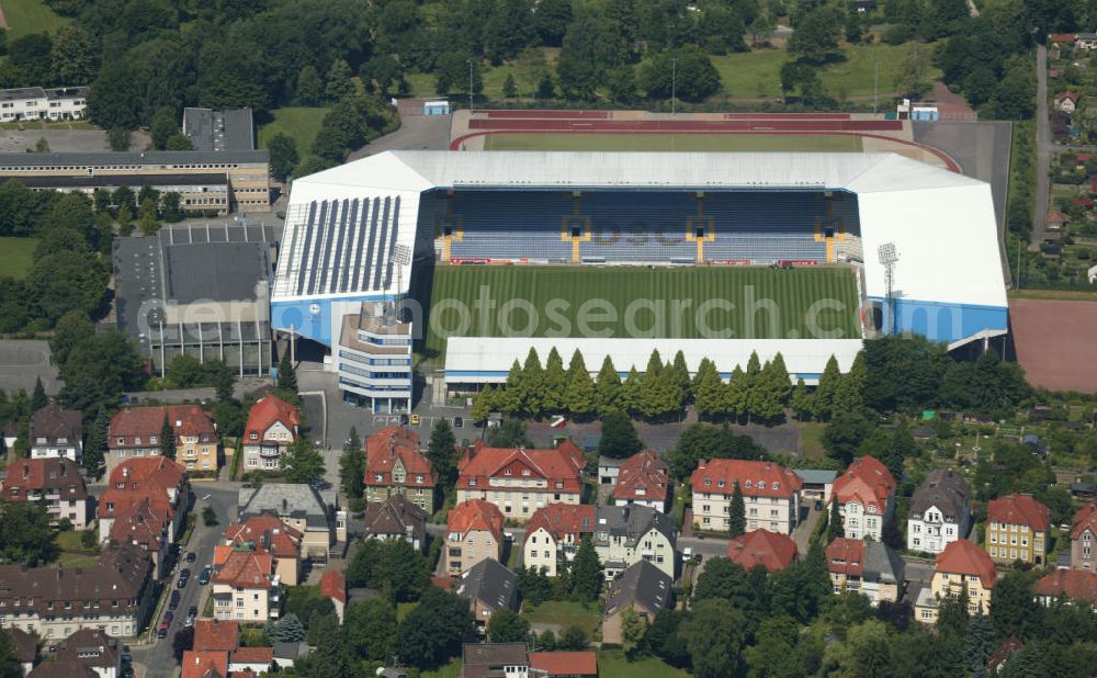 Bielefeld from the bird's eye view: Blick auf die Schüco Arena in Bielefelde auch das Fussballstadion Auf der Alm genannt. Bielefeld soccer stadium.