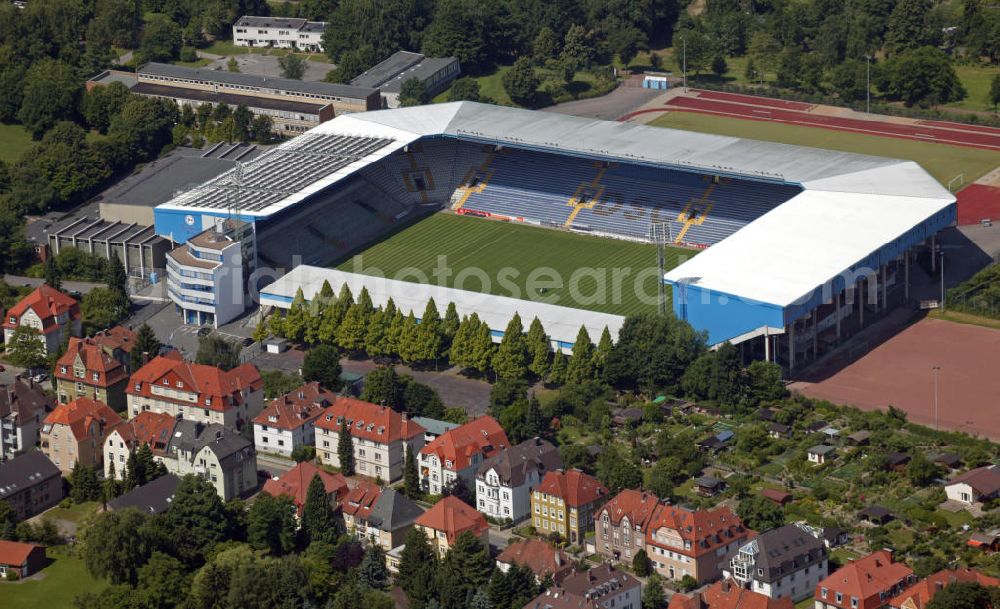 Aerial image Bielefeld - Blick auf die Schüco Arena in Bielefelde auch das Fussballstadion Auf der Alm genannt. Bielefeld soccer stadium.