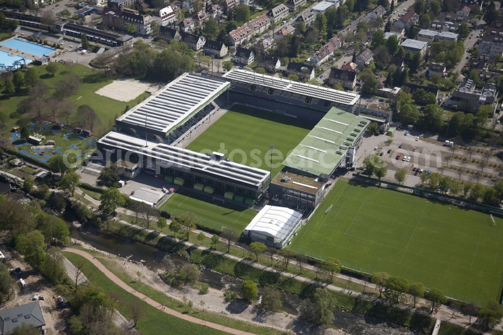 Aerial image Freiburg im Breisgau - Football stadium, so called Schwarzwaldstadion, of FC Freiburg in Freiburg im Breisgau in the state Baden-Wuerttemberg