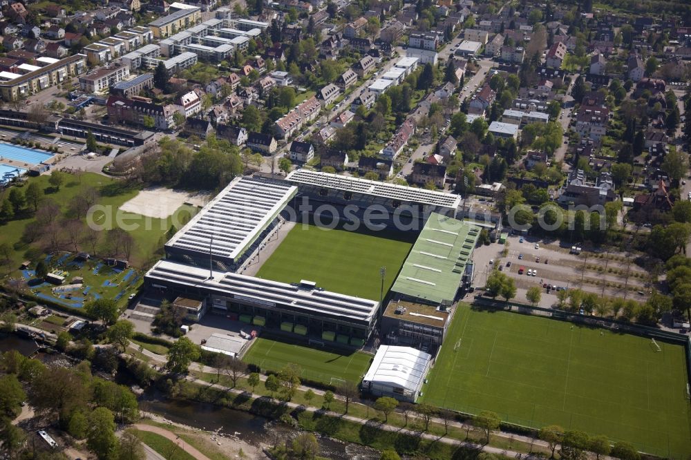 Aerial photograph Freiburg im Breisgau - Football stadium, so called Schwarzwaldstadion, of FC Freiburg in Freiburg im Breisgau in the state Baden-Wuerttemberg