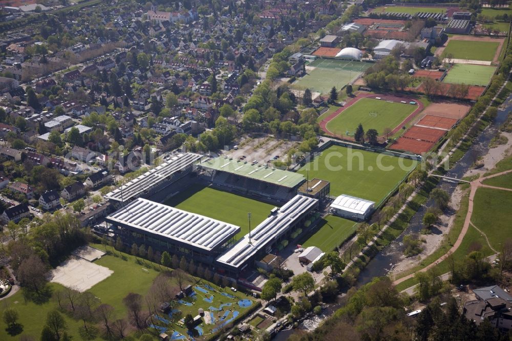 Freiburg im Breisgau from above - Football stadium, so called Schwarzwaldstadion, of FC Freiburg in Freiburg im Breisgau in the state Baden-Wuerttemberg