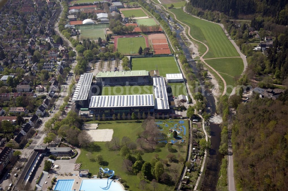 Aerial image Freiburg im Breisgau - Football stadium, so called Schwarzwaldstadion, of FC Freiburg in Freiburg im Breisgau in the state Baden-Wuerttemberg