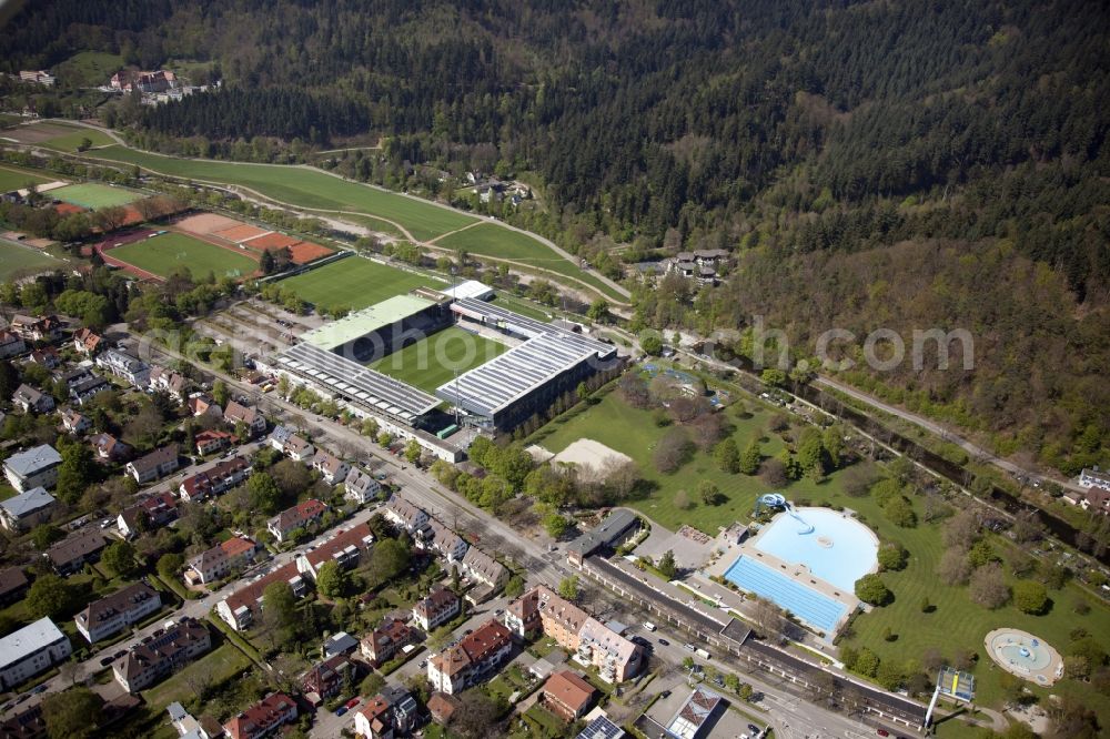 Freiburg im Breisgau from above - Football stadium, so called Schwarzwaldstadion, of FC Freiburg in Freiburg im Breisgau in the state Baden-Wuerttemberg