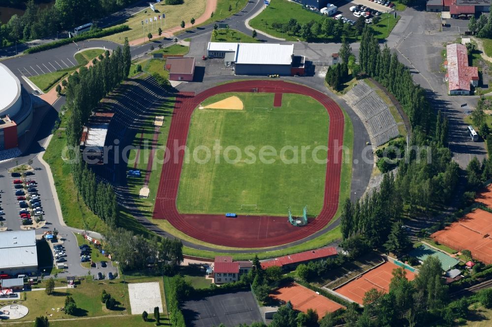 Aerial photograph Karlovy Vary - Karlsbad - Football stadium in Karlovy Vary - Karlsbad in Cechy - Boehmen, Czech Republic