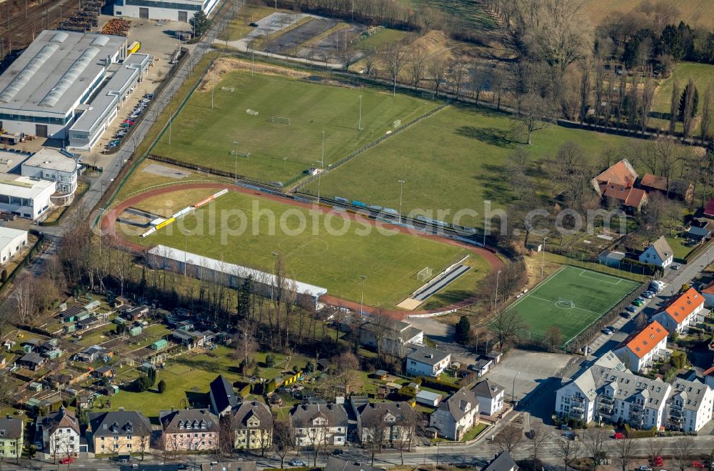 Holzwickede from above - Football stadium Montanhydraulik Stadion of Holzwickeder Sport Club e.V. on Jahnstrasse in Holzwickede in the state North Rhine-Westphalia, Germany