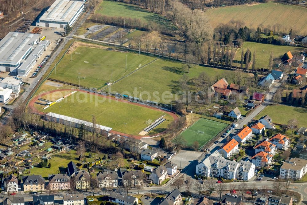 Holzwickede from the bird's eye view: Football stadium Montanhydraulik Stadion of Holzwickeder Sport Club e.V. on Jahnstrasse in Holzwickede in the state North Rhine-Westphalia, Germany