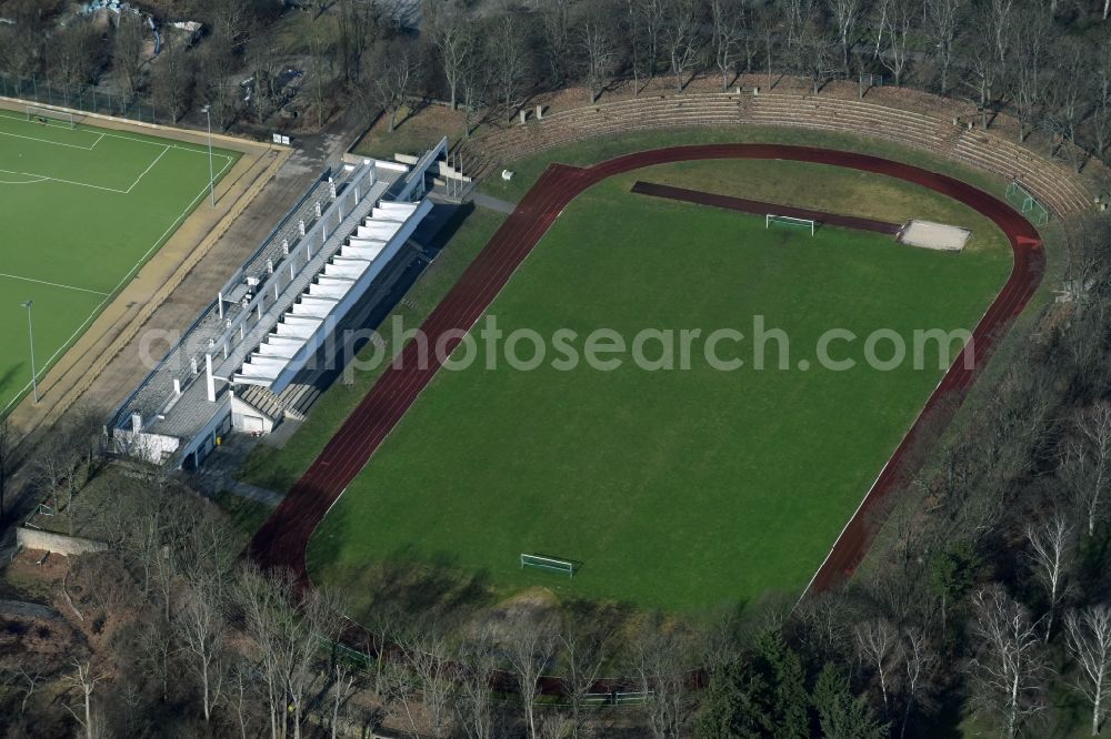 Berlin from the bird's eye view: Football stadium of the football club Mariendorf in Berlin in Germany