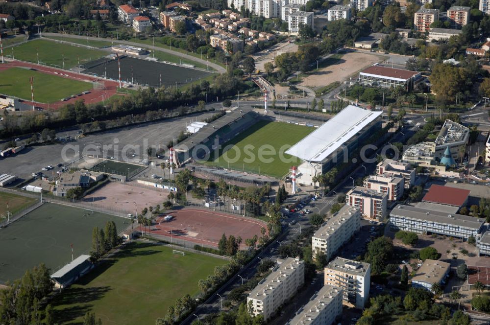 Aerial image Cannes - Blick auf das Fußballstadion Stade Pierre de Coubertin in Cannes. Plätze stehen für 12.800 Besucher zur Verfügung. Genutzt wird das Stadion hauptsächlich vom Fußballclub AS Cannes. Kontakt Verein: Association Sportive de Cannes, Avenue Pierre Poési, BP 103, 06150 Cannes - La Bocca, Tel. +33(0)492 195050, Fax +33(0)492 470713