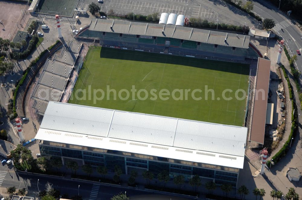 Cannes from the bird's eye view: Blick auf das Fußballstadion Stade Pierre de Coubertin in Cannes. Plätze stehen für 12.800 Besucher zur Verfügung. Genutzt wird das Stadion hauptsächlich vom Fußballclub AS Cannes. Kontakt Verein: Association Sportive de Cannes, Avenue Pierre Poési, BP 103, 06150 Cannes - La Bocca, Tel. +33(0)492 195050, Fax +33(0)492 470713