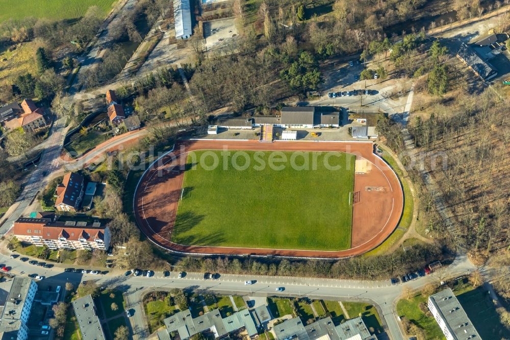 Dinslaken from above - Football stadium Stadion on Freibad in Dinslaken in the state North Rhine-Westphalia, Germany