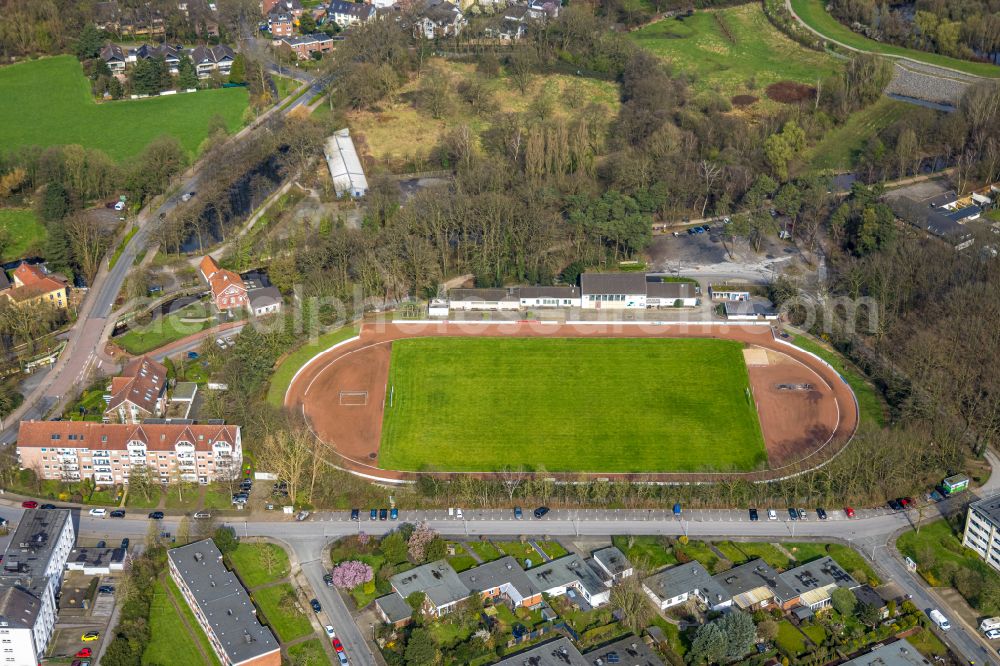 Dinslaken from above - Football stadium Stadion on Freibad in Dinslaken in the state North Rhine-Westphalia, Germany