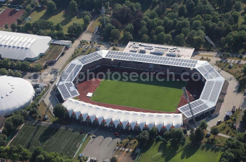 Erfurt from the bird's eye view: Football stadium Steigerwaldstadion in the district Loebervorstadt in Erfurt in the state Thuringia, Germany