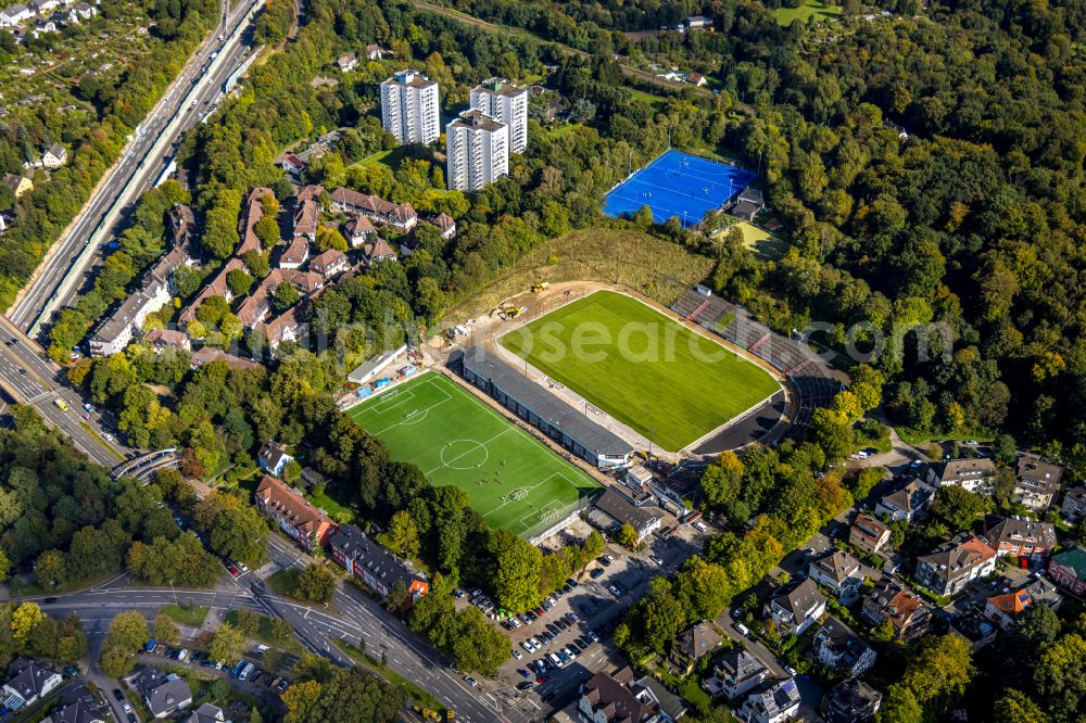 Aerial photograph Essen - Football stadium Uhlenkrug-Stadion on street Am Uhlenkrug in the district Stadtwald in Essen at Ruhrgebiet in the state North Rhine-Westphalia, Germany