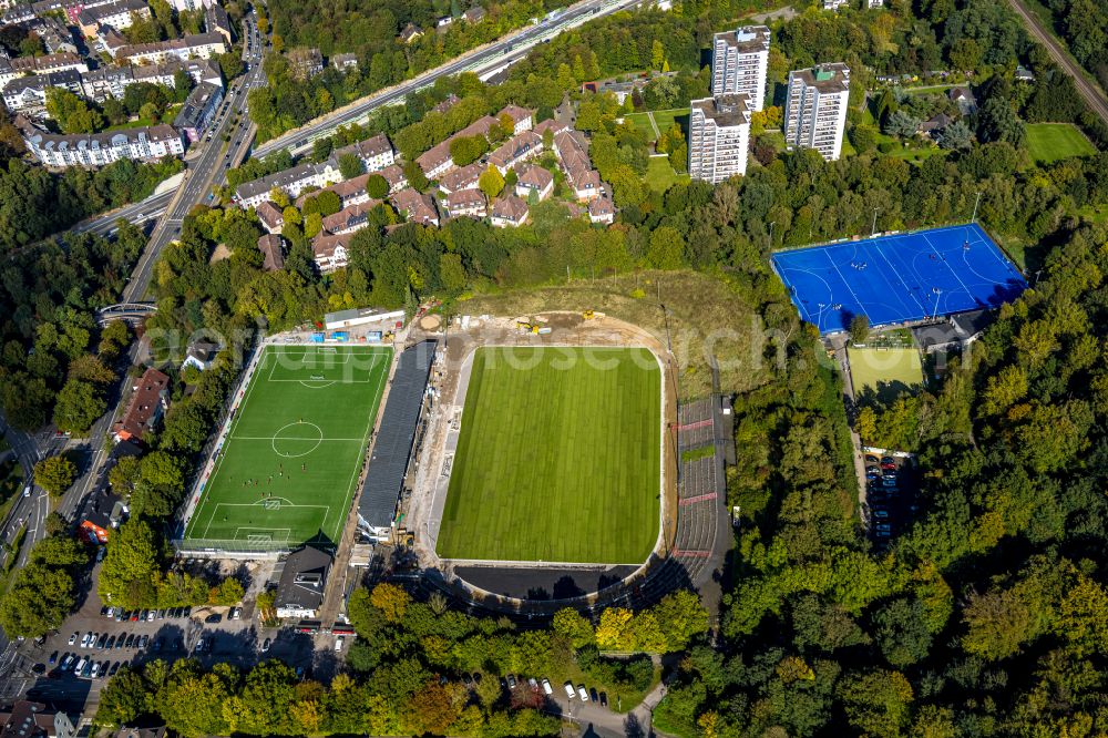 Essen from the bird's eye view: Football stadium Uhlenkrug-Stadion on street Am Uhlenkrug in the district Stadtwald in Essen at Ruhrgebiet in the state North Rhine-Westphalia, Germany