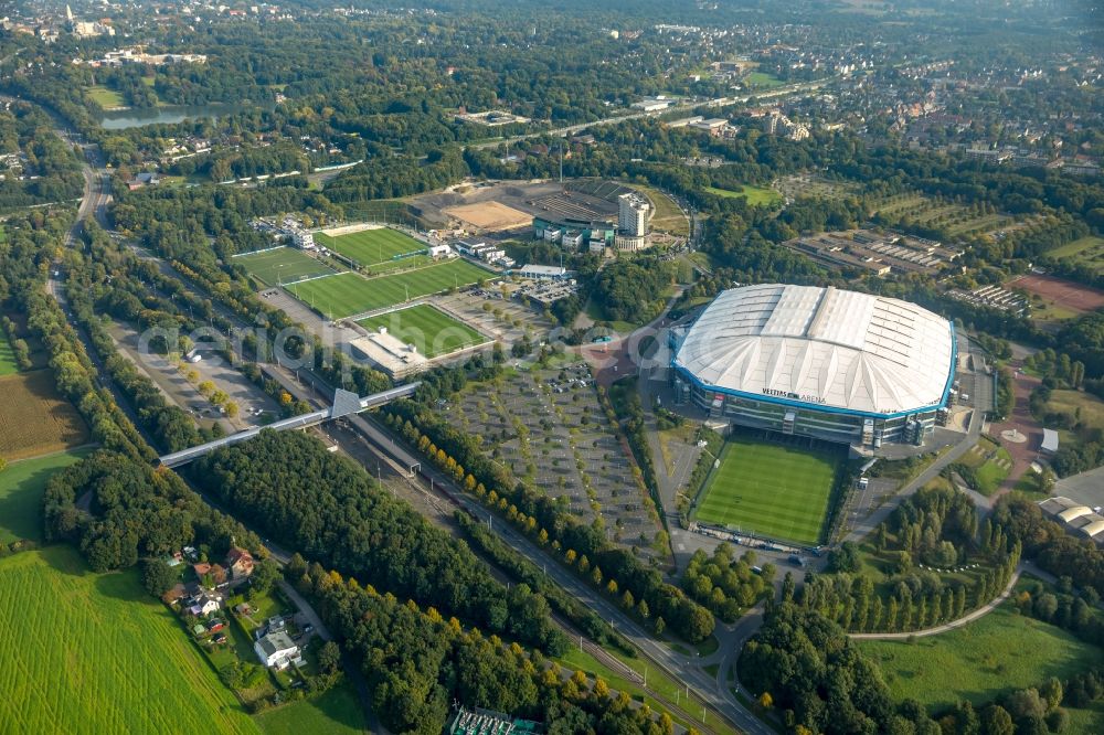 Gelsenkirchen from above - Football stadium Veltins Arena Auf Schalke of the football club Schalke 04 and the former Parkstadion stadium in Gelsenkirchen in the state of North Rhine-Westphalia