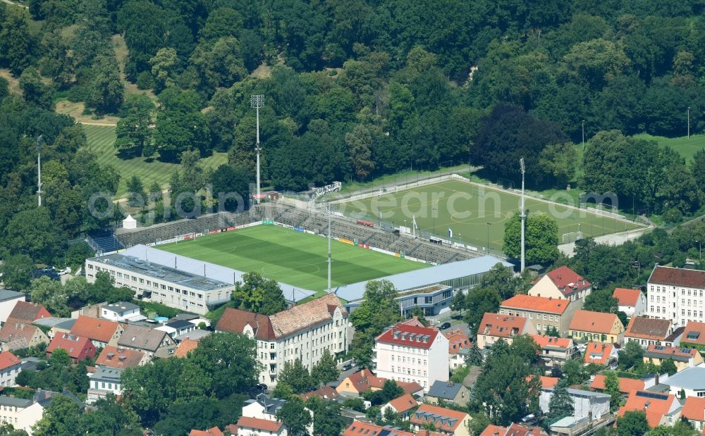 Aerial photograph Potsdam - Football stadium of the football club Babelsberg 03 on Karl-Liebknecht-Strasse in the district Babelsberg in Potsdam in the state Brandenburg, Germany