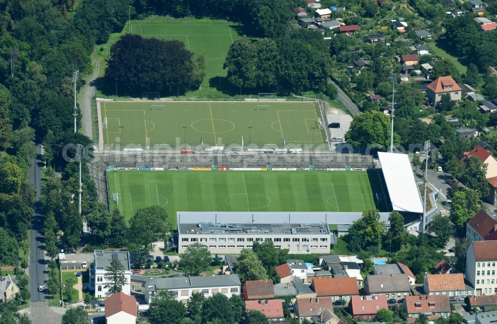 Potsdam from the bird's eye view: Football stadium of the football club Babelsberg 03 on Karl-Liebknecht-Strasse in the district Babelsberg in Potsdam in the state Brandenburg, Germany