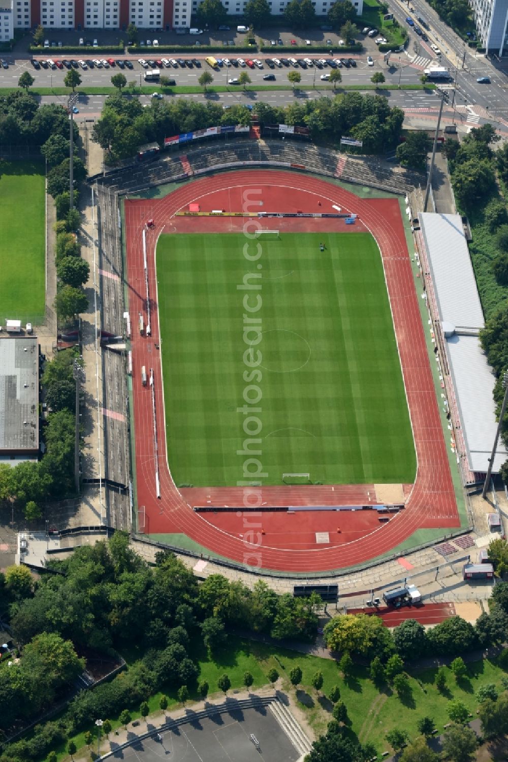 Köln from above - Football stadium of the football club S.C. Fortuna Koeln e.V. in Cologne in the state North Rhine-Westphalia, Germany