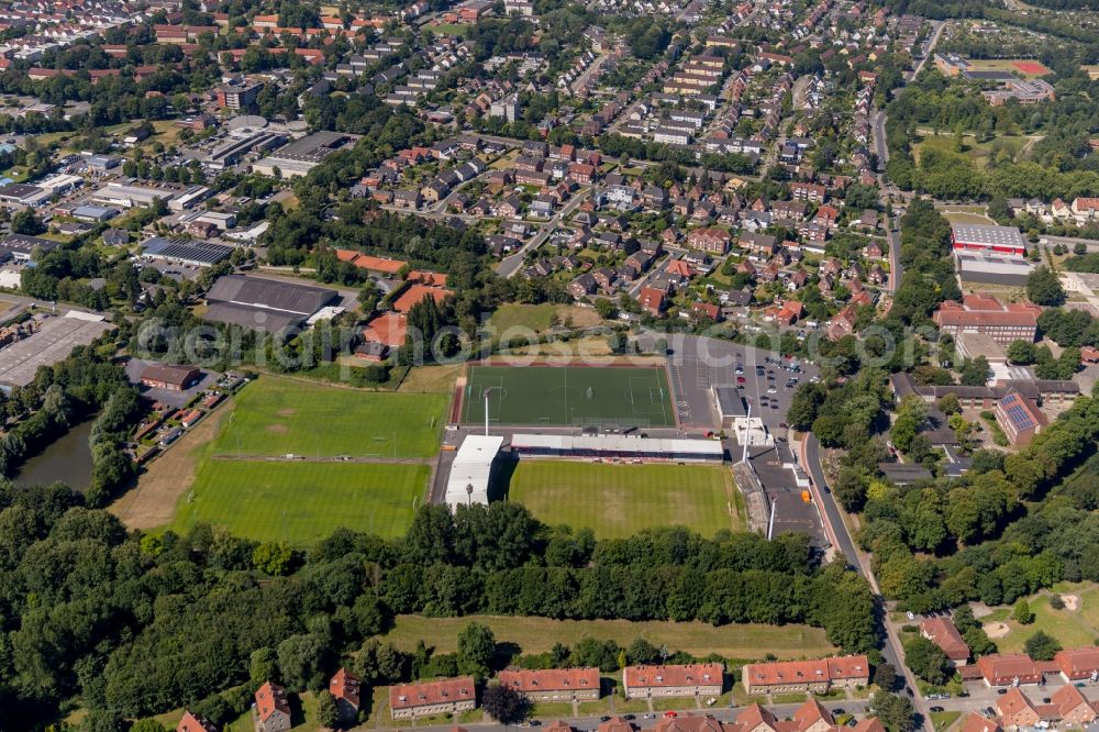 Aerial image Ahlen - Football stadium of the football club ROT WEISS AHLEN e.V. on August-Kirchner-Strasse in Ahlen in the state North Rhine-Westphalia, Germany