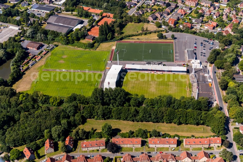 Aerial photograph Ahlen - Football stadium of the football club ROT WEISS AHLEN e.V. on August-Kirchner-Strasse in Ahlen in the state North Rhine-Westphalia, Germany