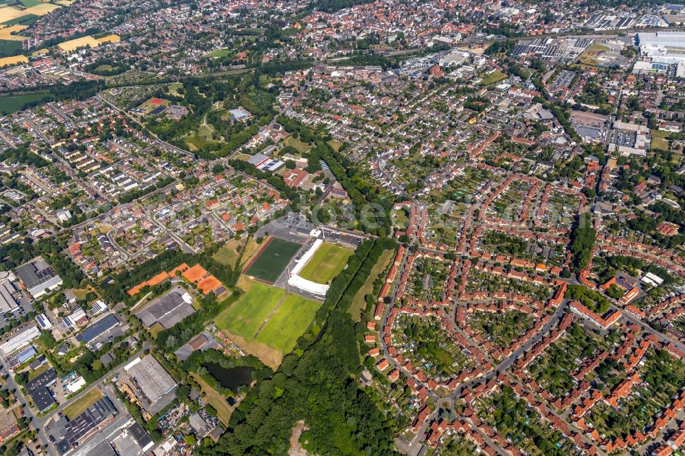 Ahlen from above - Football stadium of the football club ROT WEISS AHLEN e.V. on August-Kirchner-Strasse in Ahlen in the state North Rhine-Westphalia, Germany