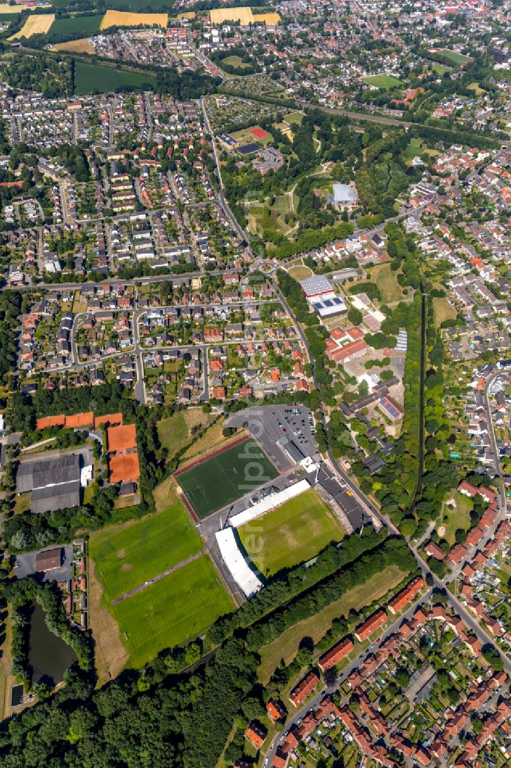 Ahlen from the bird's eye view: Football stadium of the football club ROT WEISS AHLEN e.V. on August-Kirchner-Strasse in Ahlen in the state North Rhine-Westphalia, Germany