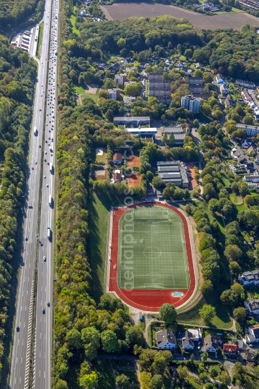 Aerial photograph Hagen - Football stadium of the football club Sportgemeinschaft Vorhalle 09 Fussball e.V. in Hagen in the state North Rhine-Westphalia, Germany