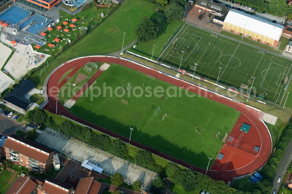 Aurich from above - Football stadium of the football club Sportvereinigung Aurich von 1911 e.V. Am Ellernfeld in Aurich in the state Lower Saxony