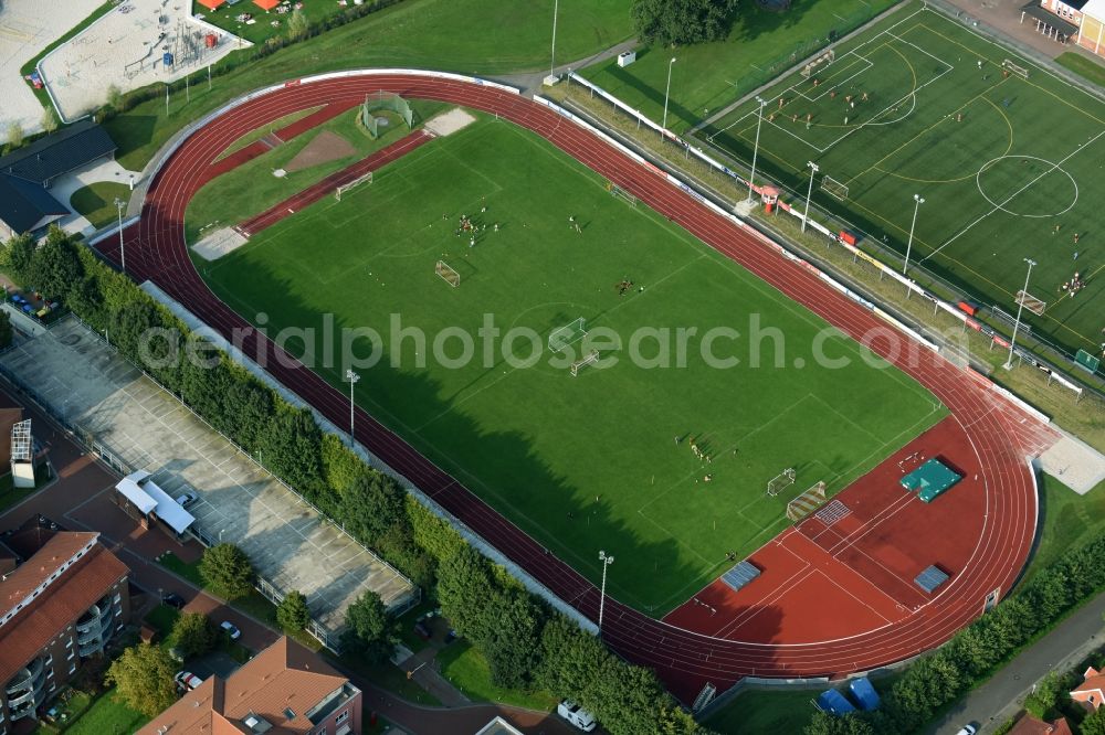 Aurich from the bird's eye view: Football stadium of the football club Sportvereinigung Aurich von 1911 e.V. Am Ellernfeld in Aurich in the state Lower Saxony