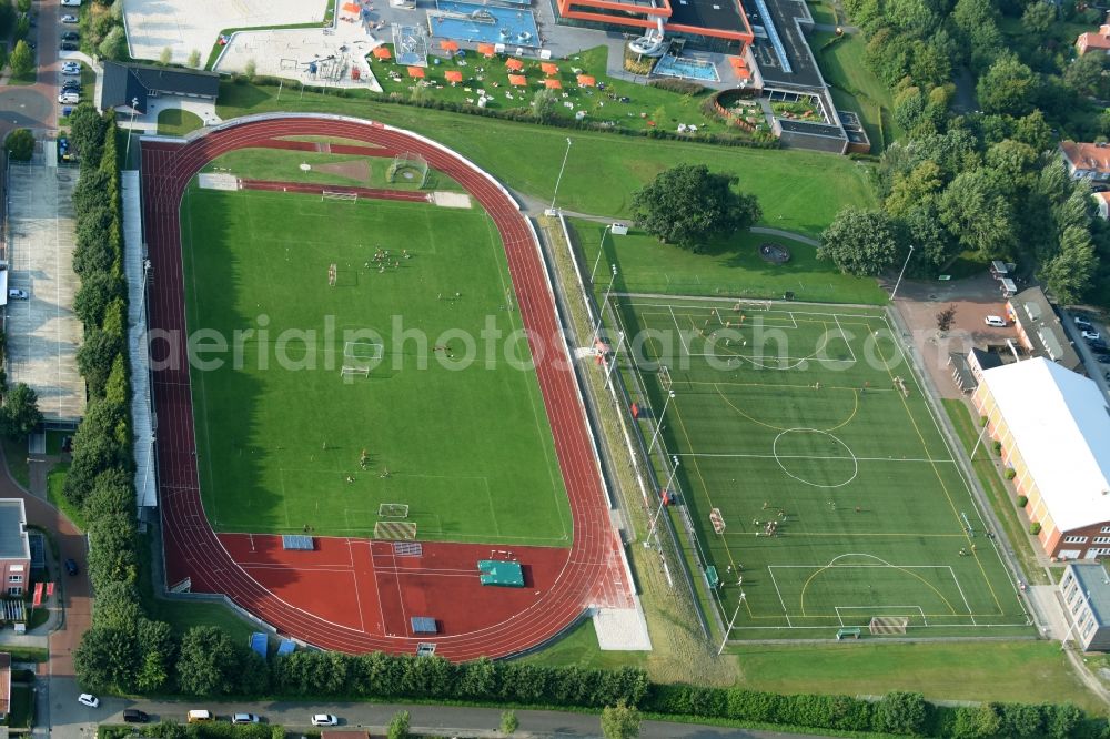 Aerial image Aurich - Football stadium of the football club Sportvereinigung Aurich von 1911 e.V. Am Ellernfeld in Aurich in the state Lower Saxony