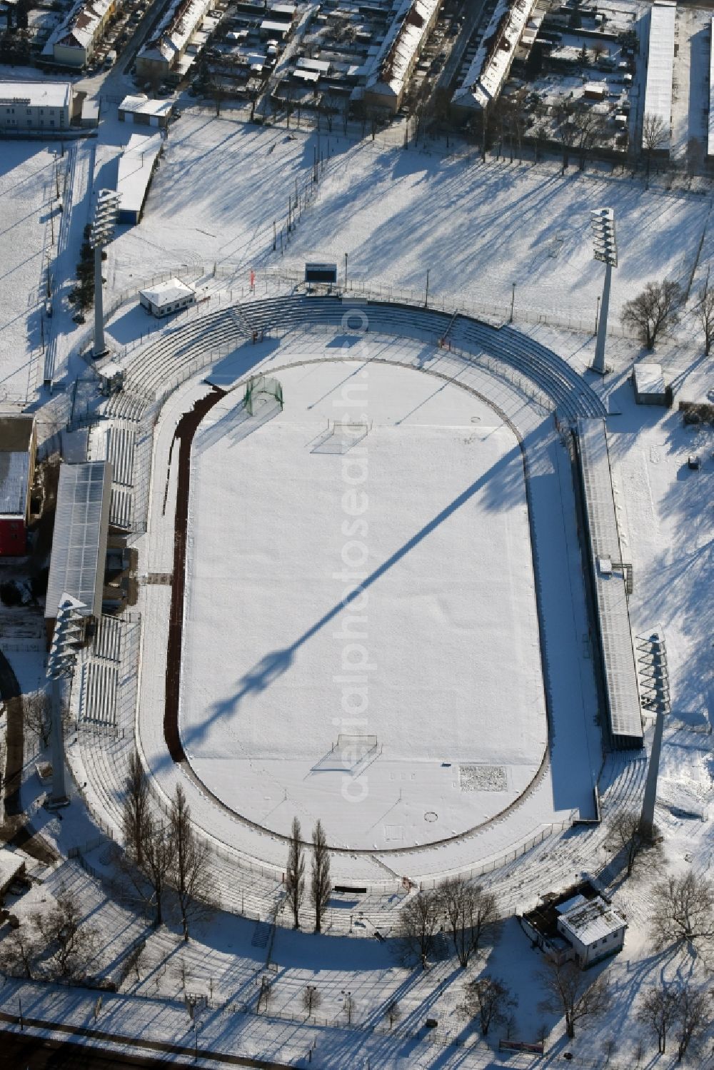 Aerial image Brandenburg an der Havel - Football stadium of the football club FC Stahl Brandenburg e.V. on Thueringer Strasse in Brandenburg an der Havel in the state Brandenburg