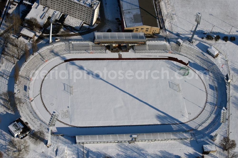 Brandenburg an der Havel from above - Football stadium of the football club FC Stahl Brandenburg e.V. on Thueringer Strasse in Brandenburg an der Havel in the state Brandenburg