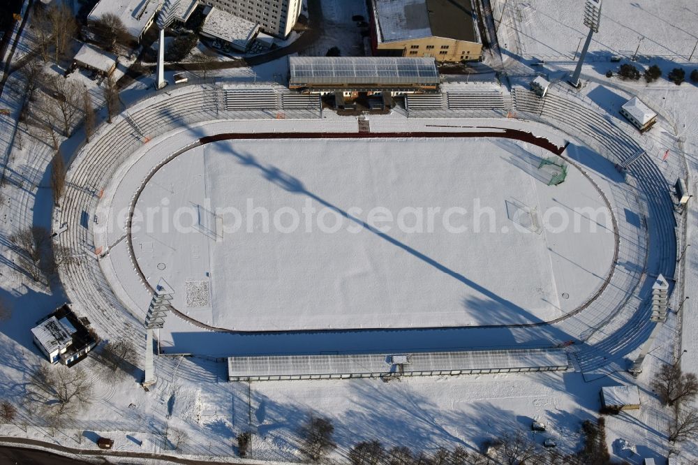 Brandenburg an der Havel from the bird's eye view: Football stadium of the football club FC Stahl Brandenburg e.V. on Thueringer Strasse in Brandenburg an der Havel in the state Brandenburg